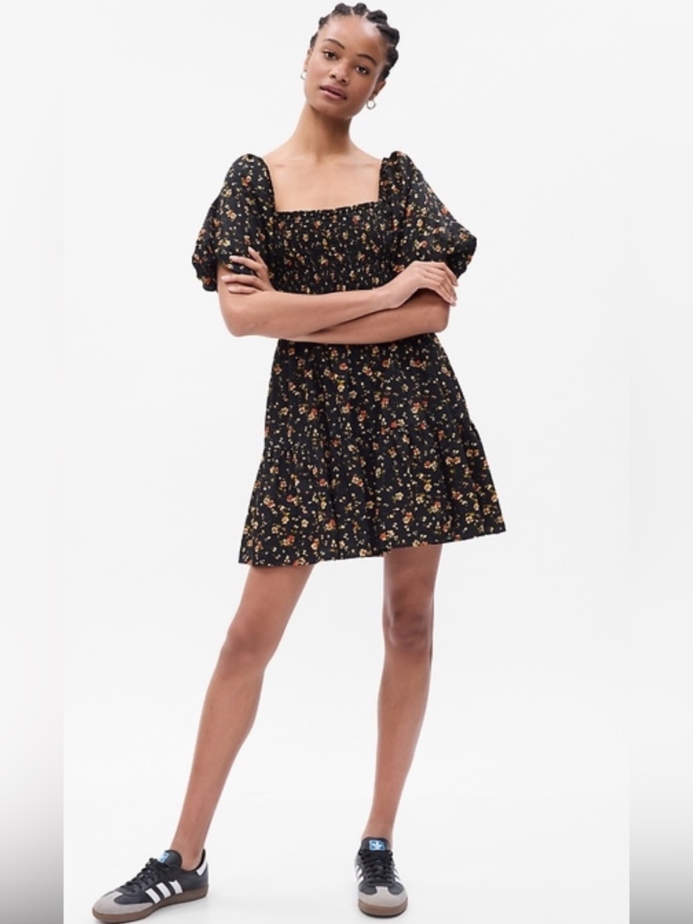 Gap Black Floral Smocked Mini Dress S NWT Dark Cottagecore Romantic Prairie